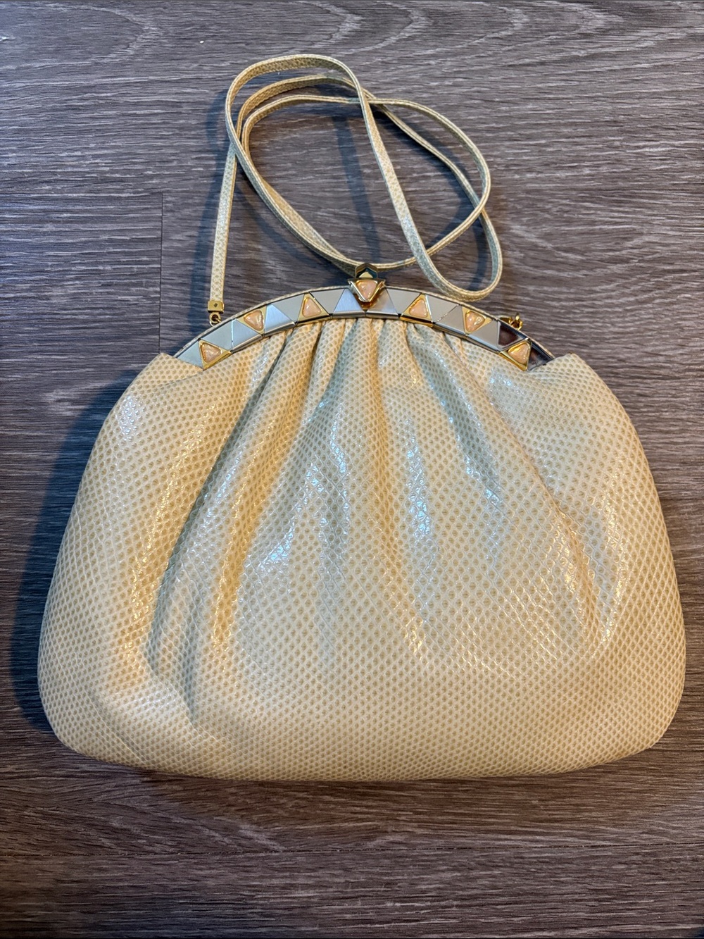 Judith Leiber Cream Textured Shoulder Bag with Pyramid-Stud Trim
